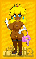 1girls alternate_breast_size alternate_skin_color areola big_breasts breasts busty cleavage dark-skinned_female dark_skin female female_only hourglass_figure human mario_(series) middle_finger new_super_mario_bros._2 nintendo nipples nirriti nude princess_peach purse solo tongue voluptuous