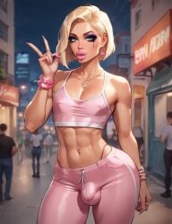 1femboy ai_generated bimbo bimbo_body bimbo_femboy bimbo_lip bimbo_lips bimbofied blonde_femboy blonde_hair blonde_hair bulge bulge_through_clothing bulge_under_clothes clothed femboy flat_chest flat_chested fully_clothed huge_ass large_ass pink_clothing short_hair skimpy_clothes slutboy small_penis
