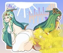 ass breasts closed_eyes fart female flower from_behind green_hair hair_flower hair_ornament long_hair nude