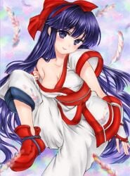 1girls ainu_clothes arm_support big_breasts blush breasts busty cleavage feathers female female_only fingerless_gloves gloves hair_ribbon highres king_of_fighters large_breasts legs long_hair looking_at_viewer nakoruru no_bra pants pink_lips pose posing pulled_by_self purple_eyes purple_hair ribbon samurai_shodown smile snk solo teasing thighs traditional_media very_long_hair voluptuous