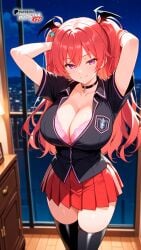 ai_generated arms_above_head black_shirt black_thighhighs boosterred99 bra collar firika_mia_shatana illustrious_(stable_diffusion) long_hair nukidoki! pony_diffusion_xl purple_eyes red_hair red_skirt seductive_smile shirt skirt thick_thighs thighs twintails underwear