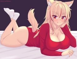 :3 :p animal_ear_fluff animal_ears bed_sheet black_background blonde_hair blush breasts cat_ears cleavage collarbone feet_up female hair_between_eyes large_breasts leotard long_hair looking_at_viewer lying multicolored_hair nottytiffy on_stomach original red_eyes red_leotard sidelocks simple_background socks solo streaked_hair tail the_pose thighs tongue tongue_out two-tone_hair v-shaped_eyebrows white_socks
