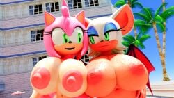 2girls 3d 3d_(artwork) 4k amy_rose anthro areolae azul_uwu bat_wings big_breasts breast_squish breasts breasts_out breasts_to_breasts ear_piercing eyelashes eyeshadow green_eyes hedgehog_girl hi_res highres nipples nude nude_female outdoor_nudity outside palm_tree pink_body rouge_the_bat sega self_upload sonic_adventure sonic_the_hedgehog_(series) tan_body tan_skin thicc