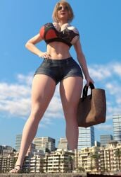 1girls ashley_graham ashley_graham_(ella_freya) beach_clothes big_breasts big_breasts breasts breasts capcom city clothed clothed_female female female_focus female_only giant_female giant_woman giantess large_boobs large_breasts light-skinned_female light_skin meiirii resident_evil resident_evil_4 shorts solo solo_female solo_focus standing summer thick_thighs thighs tummy vacation