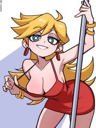 1girls bangle bare_shoulders bent_over blonde_hair blue_eyes bracelet breasts cleavage commentary_request dress earrings female grin half-closed_eyes hoop_earrings jewelry ji_heeeeeee large_breasts long_hair looking_at_viewer panty_&_stocking_with_garterbelt panty_anarchy pole red_dress simple_background sleeveless sleeveless_dress smile solo strap_pull stripper_pole twitter_username