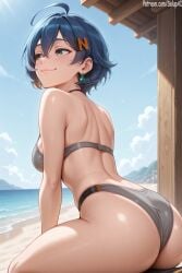 1girls ahoge ai_generated ass beach belle_(zenless_zone_zero) bikini blue_hair female female female_only from_behind from_side green_eyes hair_ornament hairclip looking_away medium_breasts patreon salupai short_hair solo solo_female thick_thighs thighs tight_panties uncensored watermark zenless_zone_zero