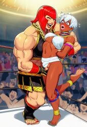 2girls african_female ai_generated barefoot bearhug capcom catfight dark-skinned_female elena_(street_fighter) female fingering greek interacial jewelry light-skinned_female marisa_rossetti muscular muscular_female red_hair sexfight size_difference street_fighter white_hair wrestling yuri