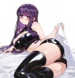 1girls :t alternate_costume ass bare_shoulders bed_sheet blunt_bangs blush breasts closed_mouth contemporary female fern_(sousou_no_frieren) foolish_potato highres large_breasts leather long_hair looking_at_viewer pout purple_eyes purple_hair shorts solo sousou_no_frieren thick_thighs thighs