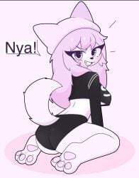 anthro ass black_clothing breasts female furry furry_female mandoy1o1 nya original_character pink_hair purple_hair solo tail text top underwear white_body