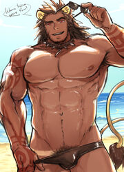 1boy abs bara beach character_request copyright_request english_text glasses ki_ichi_(arbbun) looking_at_viewer male male_only muscle muscles nipples ocean solo summer tattoo text topless undressing