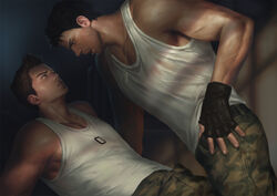 armpit bara brown_hair chris_redfield clothes dark_hair facial_hair gay lean_on male male_only muscles necklace open_mouth piers_nivans resident_evil yaoi