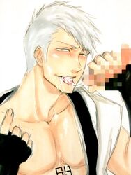 2boys abs bleach censored cum cum_in_mouth erection fellatio hair male_only muguruma_kensei multiple_boys muscle naughty_face oral penis silver_hair tongue tongue_out yaoi yellow_eyes