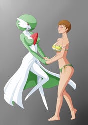 2girls barefoot blush bra breasts brown_hair desktop_size empty_eyes female female_only femdom femsub gardevoir hair happy_trance human hypnotic_eyes kaa_eyes mind_control nintendo oo_sebastian_oo open_mouth panties persona persona_4 pokemon pokemon_(species) satonaka_chie yuri