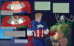 1boy 1girls avengers belly belt big_belly blonde_hair blue_eyes bodysuit breasts captain_america captain_america_(earth's_mightiest_heroes) captain_america_(series) clothing comic elbow_gloves english english_text female gloves green_lips green_lipstick hela huge_breasts large_breasts legwear lips lurkergg makeup male marvel marvel_comics mask nipples pregnant shield short_hair steve_rogers text the_avengers:_earth's_mightiest_heroes thor_(series) weapon