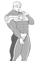 1boy abs bara biceps blush bulge captain_america captain_america_(series) human human_only light-skinned_male light_skin male male_only marvel marvel_comics monochrome muscular muscular_male mxsxe nipple_bulge nipples pecs pectoral_bulge penis pubic_hair revealing_clothes skin_tight skin_tight_suit small_penis solo solo_male steve_rogers sweat thick tight_clothing undressing