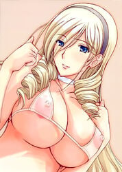 areolae bikini blonde_hair blue_eyes breasts celia_cumani_aintree curly_hair drill_hair eyes_visible_through_hair female from_below hair_between_eyes hairband ishihara_souka large_breasts long_hair looking_at_viewer nipples pointy_chin puffy_nipples ringlets simple_background solo upper_body walkure_romanze