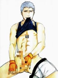 abs bleach censored erection male_only muguruma_kensei muscle naughty_face penis shirt_lift silver_hair tagme undressing yellow_eyes