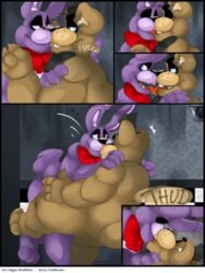 2boys bear bear_boy blue_eyes bonnie_(fnaf) bowtie closed_eyes comic drool five_nights_at_freddy's freddy_(fnaf) french_kiss frots gay indoors kissing male male_only maledom malesub mobile_size multiple_boys open_mouth pairing panels rabbit