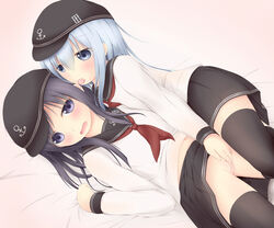 2girls akatsuki_(kantai_collection) artist_request black_hair black_legwear female fingering hibiki_(kantai_collection) kantai_collection multiple_girls no_panties pussy tagme white_hair yuri