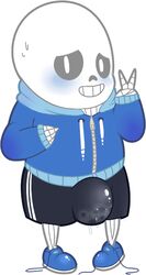 1boy big_bulge bulge clothed gay male male_only ninthnine peace_sign precum sans simple_background skeleton smile solo tagme undertale video_games white_background