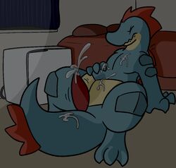 animal_genitalia bed cum feraligatr inside male male_only night nintendo orgasm penis pillow pokemon purdah scalie semi-anthro solo tapering_penis trout_(artist) video_games