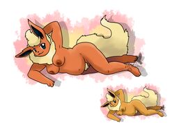 2016 alternate_color anthro anthrofied areolae armpits belly blue_eyes breasts brown_fur brown_nipples cream_fur english_text female flareon fur looking_at_viewer lying navel nintendo nipples nude on_side pitch-black-crow pokémon_(species) pokemon pokemorph pubes purple_eyes pussy raised_arm red_fur shiny_pokemon signature simple_background slightly_chubby smile solo text tuft_fur watermark white_background