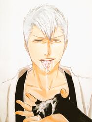 abs bleach cum cum_in_mouth male_only muguruma_kensei muscle naughty_face silver_hair tagme tongue tongue_out yellow_eyes