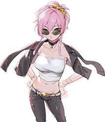 choker crop_top female hair_ornament hands_on_hips highres idolmaster idolmaster_cinderella_girls jacket jacket_on_shoulders jougasaki_mika leather leather_jacket leather_pants looking_at_viewer menea midriff navel pants pink_hair pout short_ponytail sketch strapless sunglasses tinted_eyewear tubetop