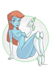 2d alien blue-skinned_female blue_eyes blue_skin blush boots breasts buzz_lightyear_of_star_command disney elbow_gloves female gloves gun haich knee_boots long_hair looking_at_viewer mira_nova navel nipples nude orange_hair ray_gun sitting solo weapon