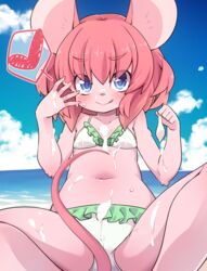 :q animal_ears bikini blue_eyes blush cloud condom cum cum_on_body cum_on_clothes cum_on_lower_body cum_on_upper_body facial female flat_chest furry holding long_hair mouse_ears naughty_face navel ocean original pink_hair sitting sky smile solo spread_legs swimsuit tail tongue tongue_out used_condom youki029