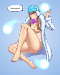 barefoot breasts brown_hair earmuffs english female fur_coat glowing glowing_eyes league_of_legends lewdnobu looking_at_viewer naked_coat nipples pink_eyes scarf sidelocks smile snow_day_syndra snowball snowdown_series solo syndra toenail_polish