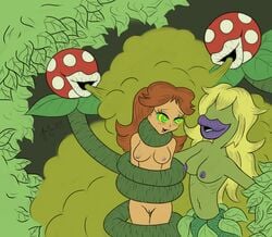 2girls artist_request breasts desktop_size female female_only femdom femsub forest hair happy_trance humanoid hypnotic_gas mario_(series) mind_control multiple_girls nintendo nipples nude open_mouth pairing piranha_plant plant plant_control plantdom princess_daisy princess_peach purple_nipples pussy