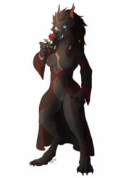 anthro breasts canine claws clothing female flower fur furry hair hornedfreak humanoid long_hair looking_at_viewer mammal nipples partial_nudity plant pussy robe rose scar simple_background solo teeth toe_claws video_games warcraft were werewolf white_background wolf worgen