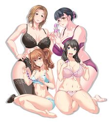 3girls black_hair blue_eyes blush bra breasts brown_eyes character_request earrings ero_goods!_h_na_omocha_de_kaikan_engine glasses hair_ornament jewelry large_breasts lingerie lips milf multiple_girls official_art oohara_kyuutarou panties plump shiba_rin smile tied_hair twintails underwear