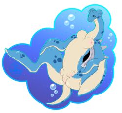 2016 alpha_channel anthro anthrofied anus areolae ass blue_background blue_eyes blue_horn blue_skin breasts bubble charchu_(artist) crotchboobs cute english_text female flippers highres horn lapras large_breasts marine nintendo nipples nude pink_nipples pokemon pokemorph pussy shell simple_background solo spots spread_legs spreading text transparent_background white_skin