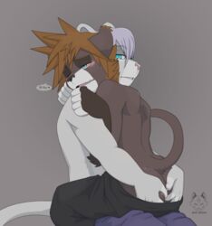 2boys anthro ass ass_grab black_nose blue_eyes blush brown_hair disney furry gay grey_background grey_hair groping hair kingdom_hearts lion_riku lion_sora male male_only maledom malesub multiple_boys open_mouth pairing riku sora source_request speech_bubble tail text