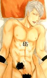 abs anal bed bleach censored cum looking_at_viewer male_only muguruma_kensei muscle nude pillow sex silver_hair tagme yaoi yellow_eyes