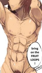 1boy abs brown_hair cute_male faustsketcher fruit_loops male male_only nude original original_character pecs pubic_hair short_hair solo solo_focus solo_male sweat tagme text