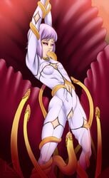 1girls arms_up bodysuit cheza crotchless_clothes crying cutout fellatio female female_only flat_chest hair kyder lavender_hair legs_apart lipstick navel oral petite pink_eyes purple_lips rape red_sclera restrained saliva short_hair small_breasts solo solo_female tears tentacle wolf's_rain