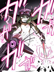 1girl bottomless breasts brown_gloves brown_hat commentary_request elbow_gloves gloves goggles goggles_on_headwear green_eyes green_hair hat highres holding holding_weapon jacket long_hair motor_vehicle motorcycle naked_jacket navel nipples on_motorcycle open_mouth original small_breasts smile solo suggestive_fluid sweat v-shaped_eyebrows weapon yama_batake
