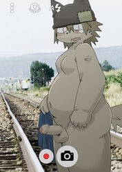 5_fingers balls blush camera_view canine censored erection hat headgear humanoid_penis looking_at_viewer male mammal moobs obese open_mouth overweight partially_retracted_foreskin penis public solo standing tears train_tracks uncut しらたま