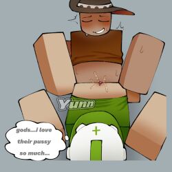 blocky_body blush bottomless carepad_(die_of_death) civilian_(die_of_death) die_of_death_(roblox) english_text gray_background pleasure_face pussy_juice revolver_(die_of_death) roblox roblox_game robloxian rubbing scissoring self_upload smile tagme text thinking thought_bubble watermark yunnkund