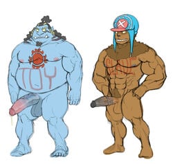 2boys anthro blue_skin boner cap chubby erection fishman full-length_portrait full_length half-erect jinbe male male_only monster multiple_boys muscles muscular nude one_piece penis portrait semi-erect standing tattoo tony_tony_chopper wkd yaoi