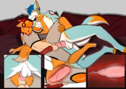absurd_res anal anal_sex anthro arctic_wolf balls bed bedroom_eyes blue_hair bodily_fluids canid canine canis cum cum_inside dog_tags duo eye_contact falcon_woodwere fur furniture genital_fluids genitals hair hand_on_face hi_res holding_things_up kareza knotting looking_at_another looking_at_partner machine male male/male mammal multicolored_body multicolored_fur narrowed_eyes orange_penis penetration penis pink_penis protogen protogen_visor red_eyes red_hair seductive wolf x-ray_view