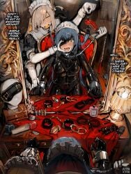 2girls 4_arms alterkyon blindfold blue_eyes blue_hair bondage bound_wrists chain_leash character_request dildo_gag english_text female_pov female_yandere femdom femsub gimp_suit hair_over_one_eye latex latex_bodysuit leash maid maid_headdress mirror one_eye_covered orion_(alterkyon) pov robot_girl shibari_over_clothes text yandere yuri