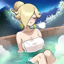 alternate_hairstyle artist_name bare_shoulders big_breasts blonde_hair blush blush_lines blushing breasts breath cleavage closed_eyes collarbone commentary_request earrings english_commentary female hair_bun hair_over_one_eye highres hot_spring hot_springs jewelry knees_together large_breasts lips mario_(series) mountainous_horizon muis0802 night nintendo onsen parted_lips partially_submerged princess_rosalina relaxing sitting sitting_in_water solo star_(symbol) star_earrings steam towel towel_only towel_over_breasts trees water