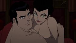 1boy 1girls batman:_gotham_by_gaslight batman_(series) big_breasts black_hair blue_eyes breasts bruce_wayne catwoman dc_comics dcuaom edit female gan_(artist) green_eyes lipstick male naked nude romantic_couple screenshot screenshot_edit selina_kyle sex short_hair smile tied_hair topless unknown_artist