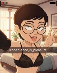 1girls ai_generated bare_midriff bed bedroom black_bra black_hair black_lace_bra bra brainwashing breasts caption carmen_sandiego_(2019) carmen_sandiego_(franchise) eye_roll eyes_rolled eyes_rolled-back eyes_rolled_back eyes_rolled_up eyes_rolling eyes_rolling_back eyes_rolling_up female female_focus female_only femsub glasses happy_trance hypnosis hypnotized_female jewelry julia_argent julia_argent_(carmen_sandiego) lace_bra midriff mind_control necklace peace_sign plant selfie selfie_pose short_hair solo solo_female solo_focus taking_picture taking_selfie text tongue tongue_out v window zupern0va_(manipper)