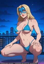 ai-created ai_generated artist_name bare_shoulders barefoot bikini blonde_blazer blonde_hair blue_bikini blue_eyes blue_swimsuit breasts building city cityscape clavicle clothing cloud dispatch_(game) domino_mask eye_mask feet female female_only full_body hands_on_own_knees high_resolution large_breasts lips long_hair looking_at_viewer mask navel night night_sky outdoors parted_lips patreon_username railing red_lips rooftop sky skyscraper smile solo squatting star_(sky) stomach string_bikini swimsuit thighs tiptoes toes underboob username web_address wodstudio