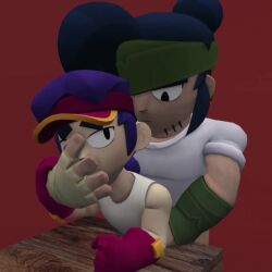 3d 3d_animation bent bent_over brawl_stars buff covering_mouth fang_(brawl_stars) from_behind fucking grunting kenji_(brawl_stars) male_only on_table pounding pounding_ass samurai sound table tagme twink video